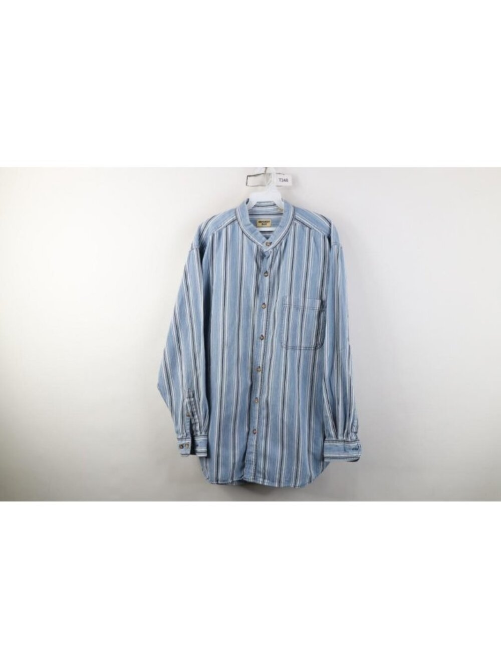 Vtg 90s Streetwear Mens L Distressed Striped Denim Jean Band Collar Button Shirt